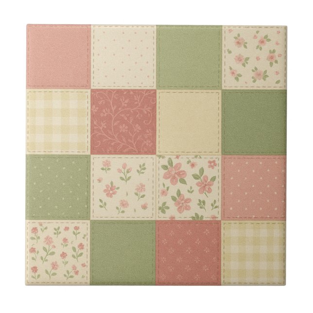 Pink Green Patchwork Quilt Rustikales Bauernhaus B Fliese (Vorderseite)