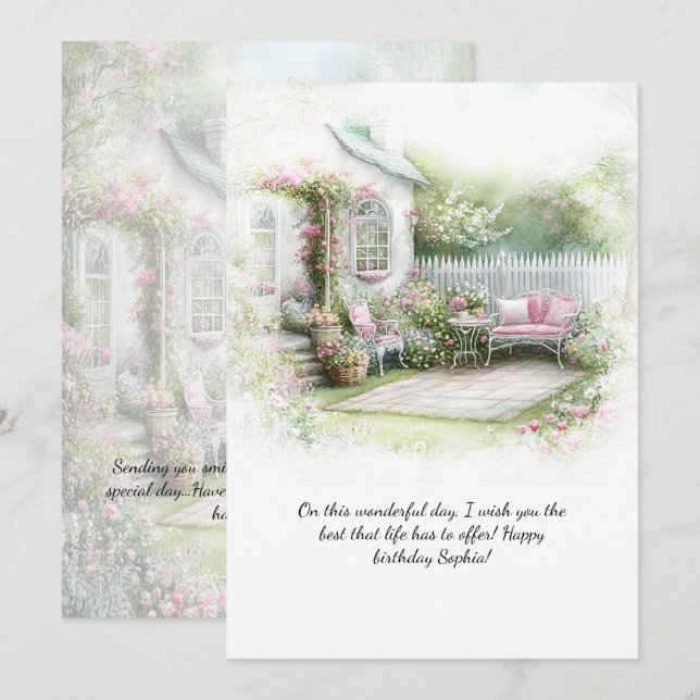 Pink Green Patio Garden Setting Birthday | Einladung (Vorne/Hinten)