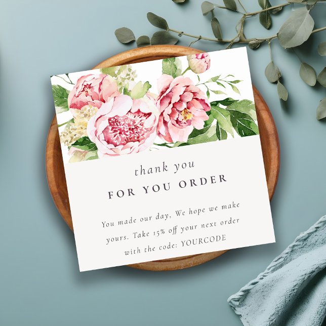 Pink Green Peony Floral Danke Business Order Quadratische Visitenkarte (Von Creator hochgeladen)