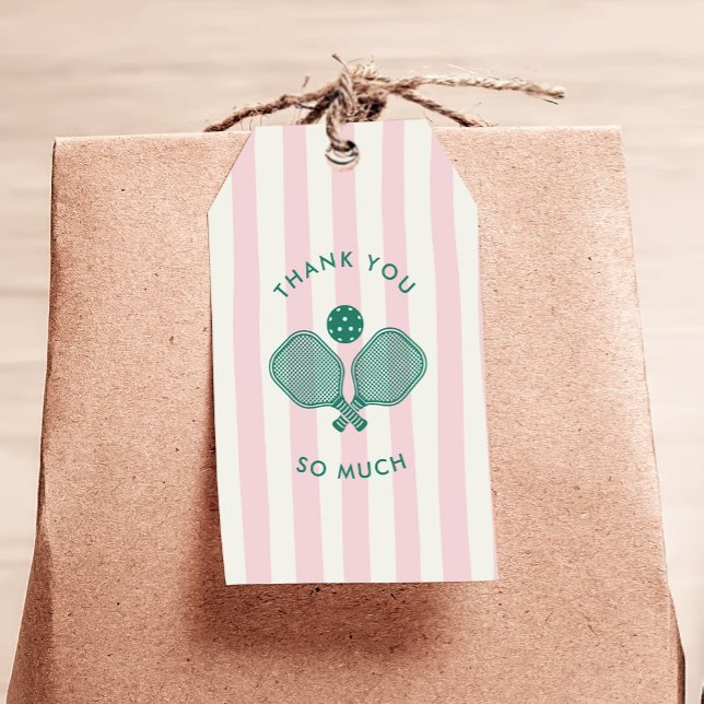 Pink Green Pickleball Geburtstagsparty Danke Geschenkanhänger (thank you gift tags with pickleball design, preppy pink stripes)