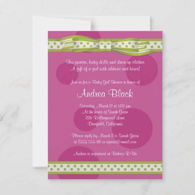 Pink Green Polka Dot Ribbon Baby Dusche Einladung (Vorderseite)