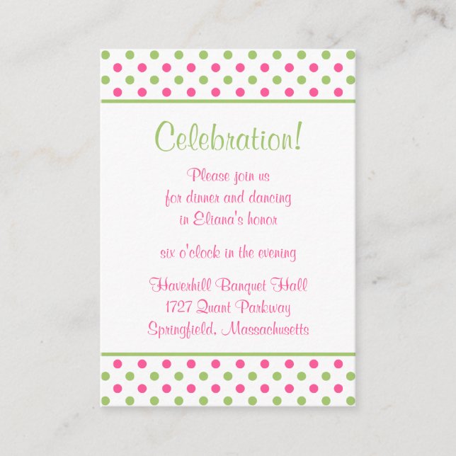 Pink Green Polka Dots Bat Mitzvah Empfang Card Begleitkarte (Vorderseite)