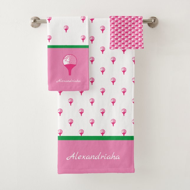 Pink Green Preppy mit Monogramm Golfmotiv Badhandtuch Set (Insitu)