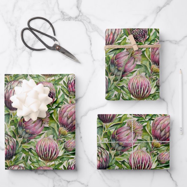 Pink & Green Protea Blume Muster Geschenkpapier Set (Vorderseite)