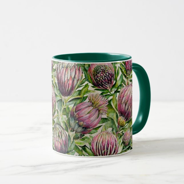 Pink & Green Protea Blume Muster Tasse (VorderseiteRechts)