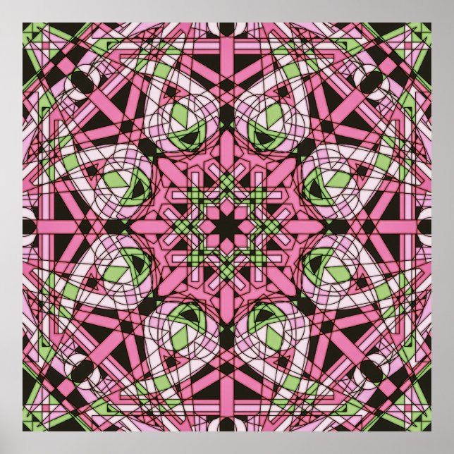 Pink & Green Psychedelic Kaleidoscope Mandala Poster (Vorne)