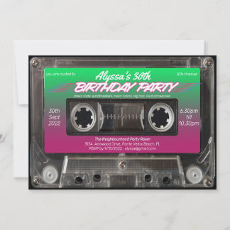 Pink Green Retro 80er Neon Cassette Birthday Party Einladung