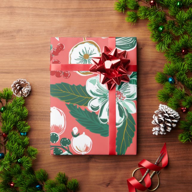 Pink Green Retro Blumenweihnacht Geschenkpapier (Feiertagsgeschenk)