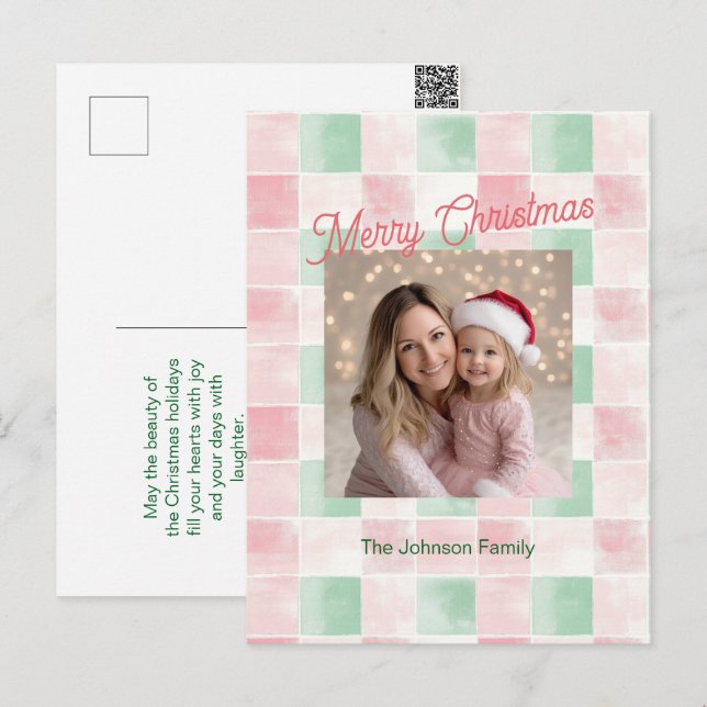 Pink Green Retro Muster Foto Weihnachten Postkarte (Vorne/Hinten)