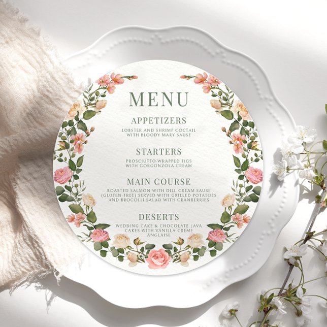 Pink green rose floral rond Menu Carte Plate (Créateur téléchargé)