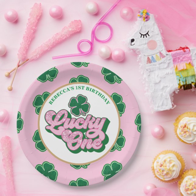 Pink Green St. Patrick'S Lucky One First Birthday Pappteller (Party)
