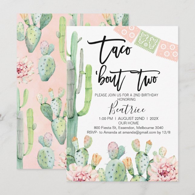 Pink Green Taco Bout Deux invitation pour le 2e an (Devant / Derrière)