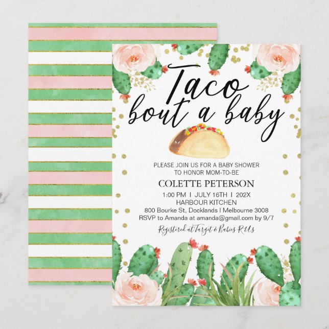 Pink Green Taco Bout Invitation Baby shower Bébé (Devant / Derrière)