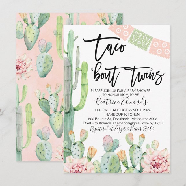 Pink Green Taco Bout Twins Baby Dusche Einladung (Vorne/Hinten)
