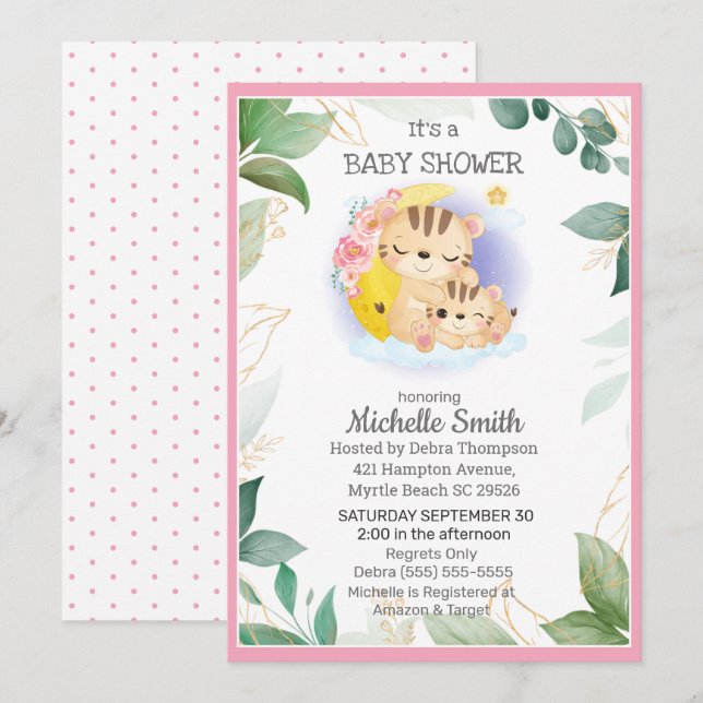 Pink Green Tiger Floral Mama Babydusche Einladung (Vorne/Hinten)