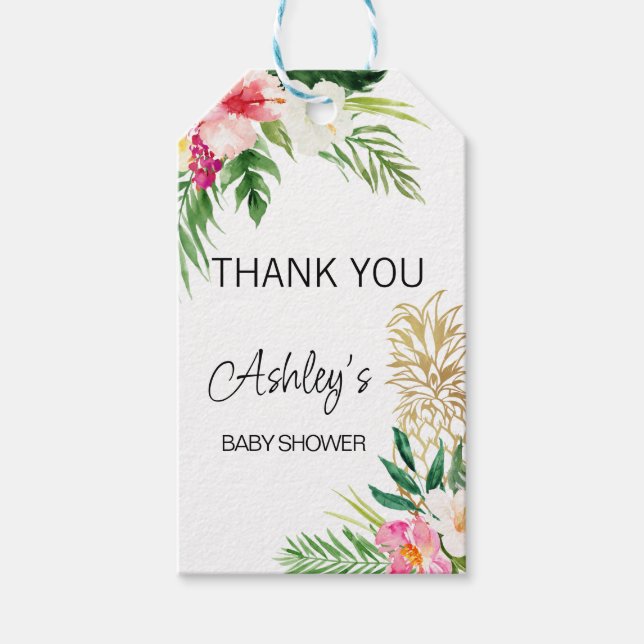 Pink Green Tropical Floral Baby Dusche Geschenkanhänger (Vorderseite)