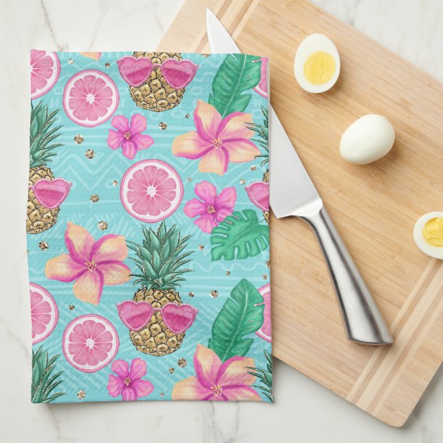 PINK & GREEN TROPICAL SOMMER BEACH THEMA GESCHIRRTUCH (Viertel Falte)