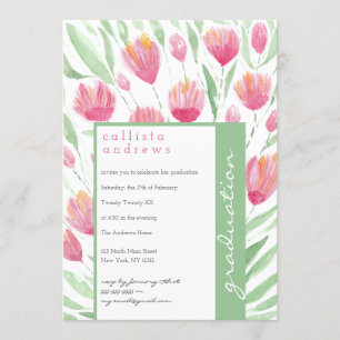 Pink Green Tulip Floral Watercolor Abschluss Einladung