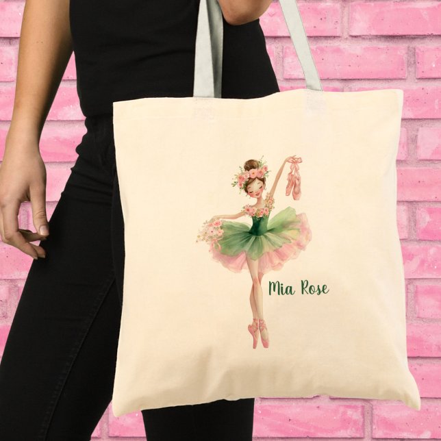 Pink & Green Tutu Ballet Girl with Slippers  Tragetasche (Personalized Ballerina Tote Bag – Pink & Green Tutu Ballet Girl with Slippers & Flowers)