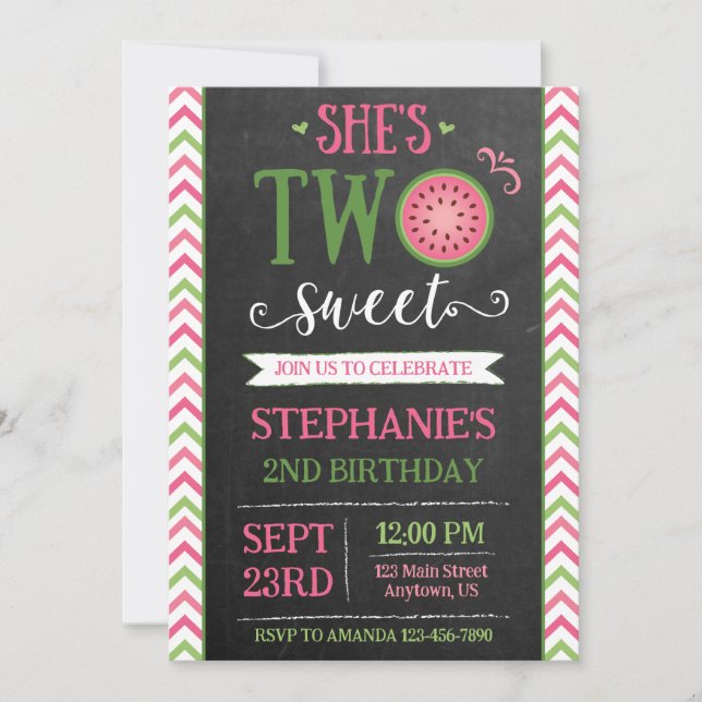 Pink Green Two Sweet Melon 2nd Birthday Invitation (Devant)