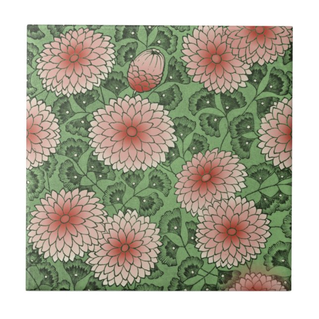 Pink Green Wal Morris Style Chrysanthemum Repro Fliese (Vorderseite)