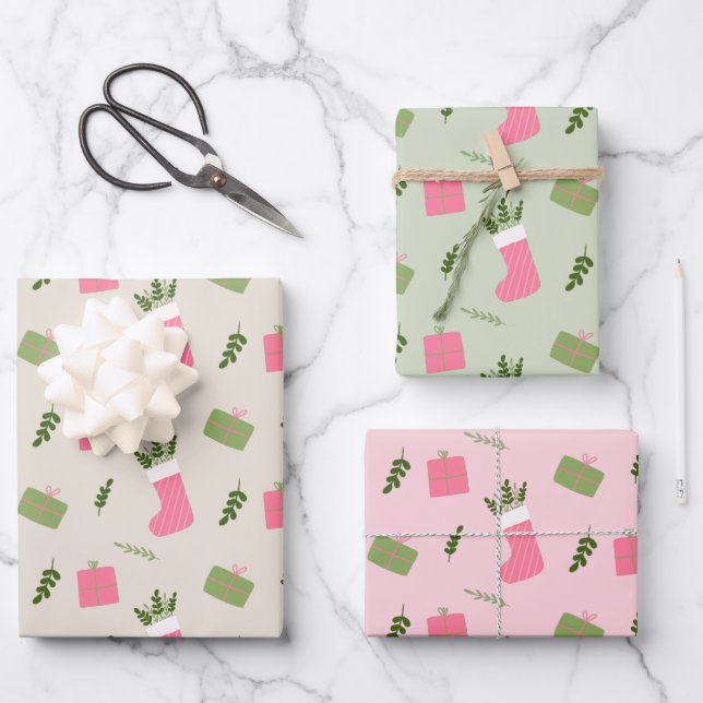 Pink Green Weihnachtsgeschenk Strumpf Pattern Mult Geschenkpapier Set (Vorderseite)