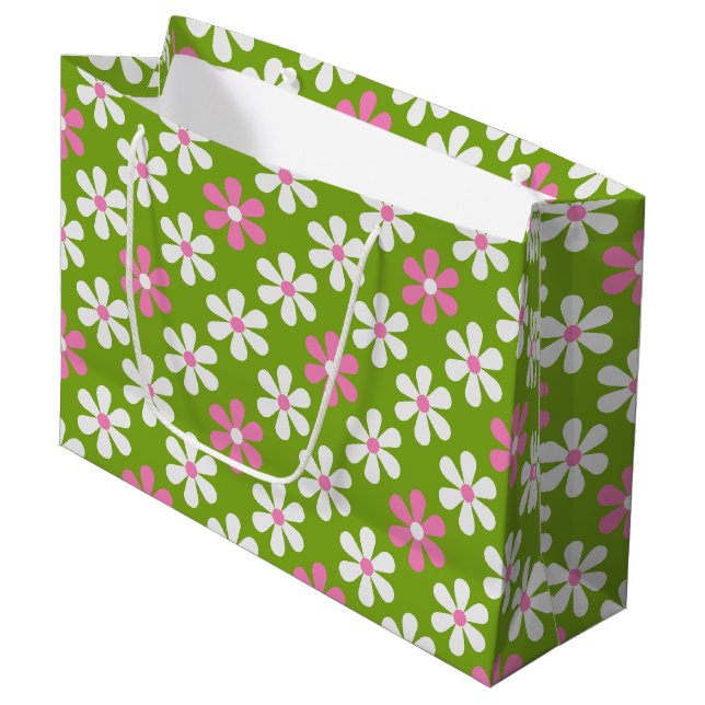 PINK GREEN WHITE DAISY BLUME GROßE GESCHENKTÜTE (Vorderseite Schrägansicht)