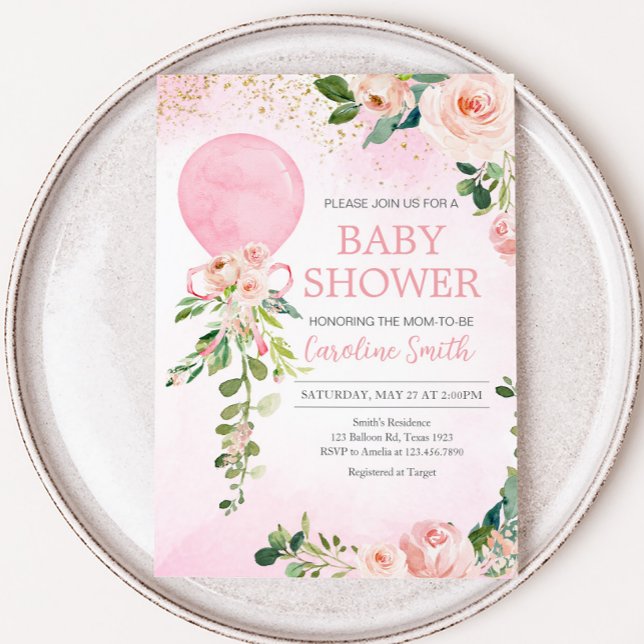 Pink Greenery Floral Balloon Babydusche Einladung (Pink Floral Greenery Balloon Baby Shower Invitation
)