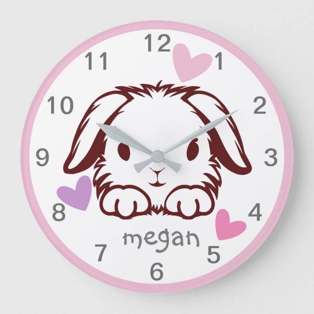 Pink Grey Baby Animal Bunny Butterfly Kinderzimmer Große Wanduhr (Vorderseite)