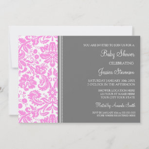 Pink Grey Damask Custom Baby Shower Invitations