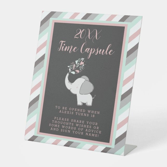 Pink & Grey Elephant Baby Dusche Time Kapselunters Sockelschild (Vorderseite)