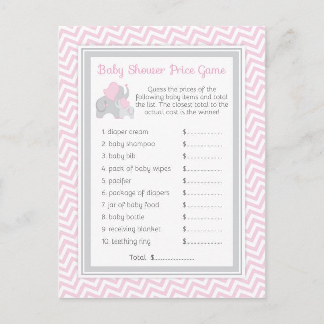 Pink & Grey Elephant Baby Showdusche Raten Preis S Einladungspostkarte (Vorderseite)