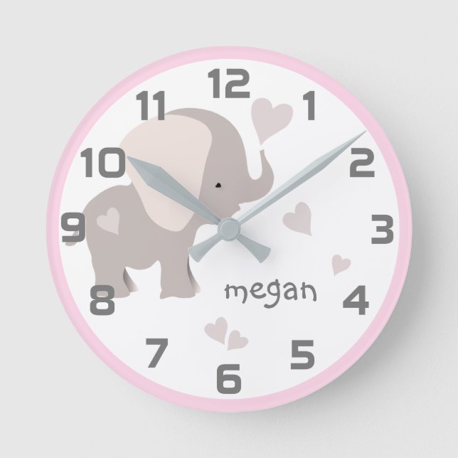 Pink Grey Elephant Heart Wall Clock Runde Wanduhr (Vorderseite)