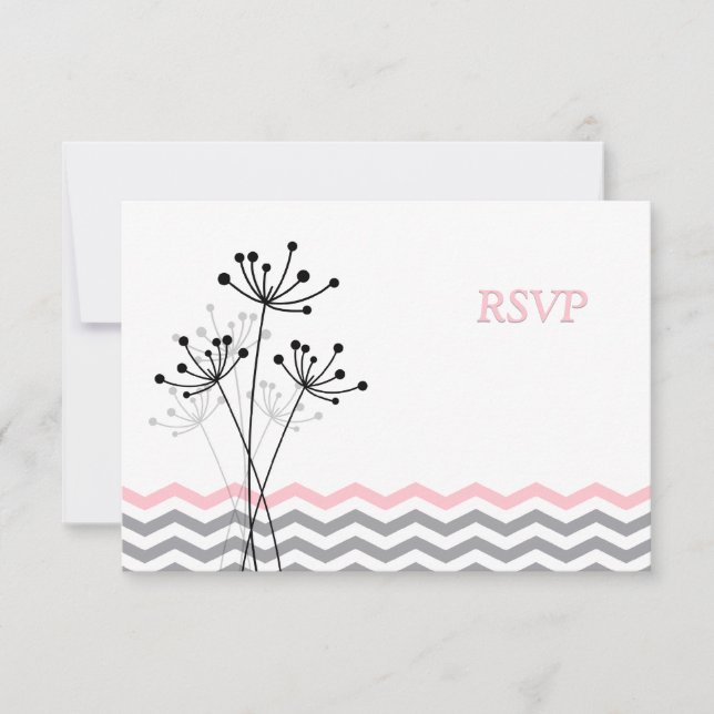 Pink, Grey Floral, Chevron Wedding Carte RSVP (Devant)