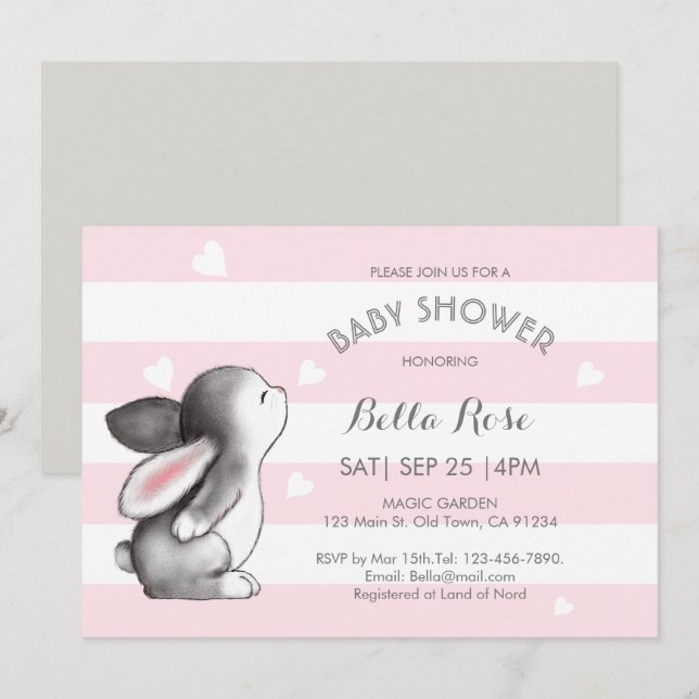 Pink Grey Heart Bunny Baby Shower Invitations (Devant / Derrière)