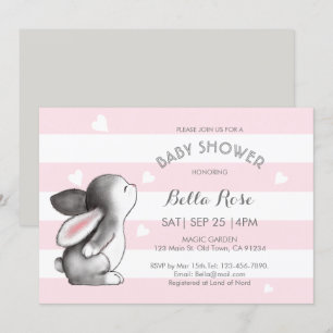 Pink Grey Heart Bunny Baby Shower Invitations