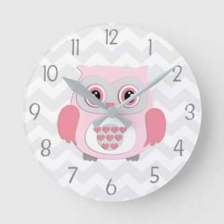 Pink Grey Owl Wall Clock Runde Wanduhr
