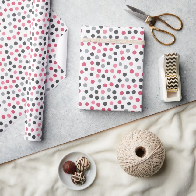 Pink Grey Pattern Polka Dots Wrapping Paper Geschenkpapier (Kunsthandwerk)