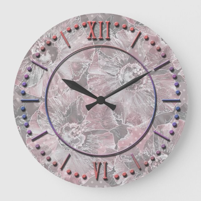 Pink ,grey ,stylish ,large ,flowers, pink flowers, große wanduhr (Vorderseite)
