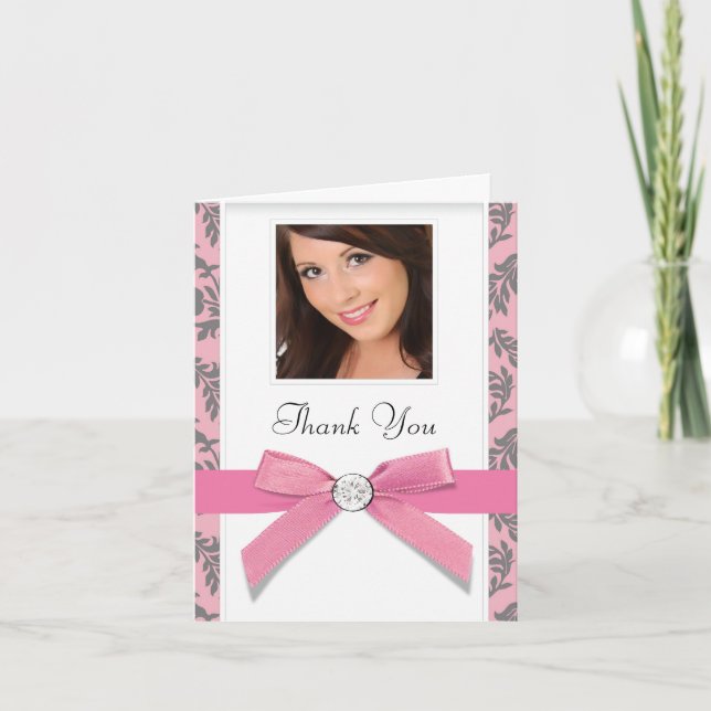 Pink Grey Swirl Damask Photo Merci Cartes (Devant)
