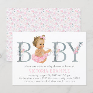 Pink Grey Tutu Pearl Baby Girl Shower Invitations