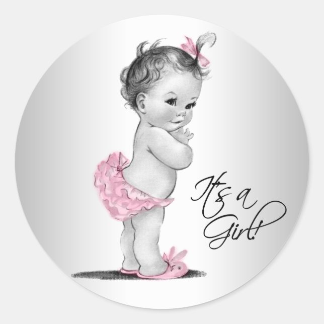 Pink Grey Vintag Girl Baby Dusche Runder Aufkleber (Vorderseite)