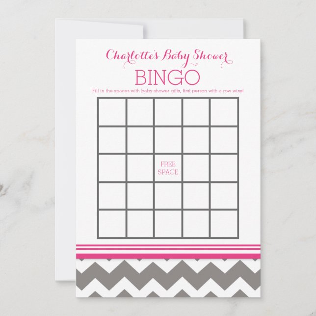 Pink Grey Zickzack Baby Shower Bingo (Vorderseite)