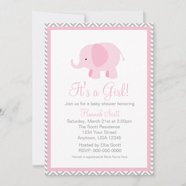 Pink Grey Zickzack Elephant Girl Baby Dusche laden Einladung (Vorderseite)