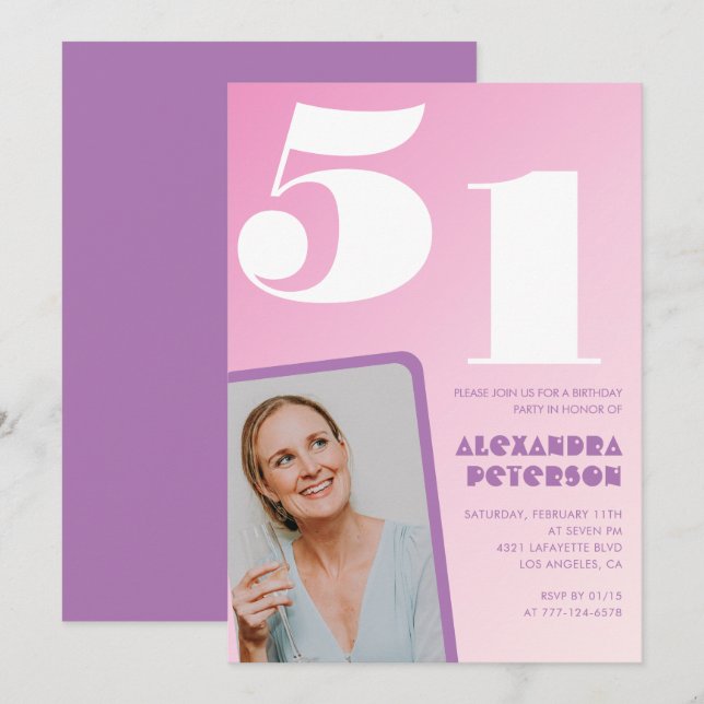 Pink Groovy Einladungen zum 51. Geburtstag Retro F (Vorne/Hinten)