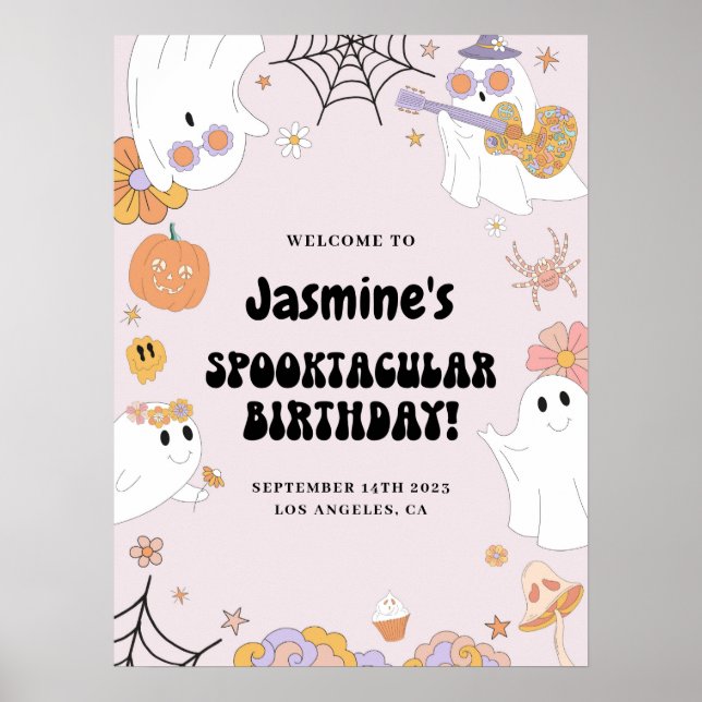 Pink Groovy Ghost Birthday Begrüßungszeichen Poster (Vorne)
