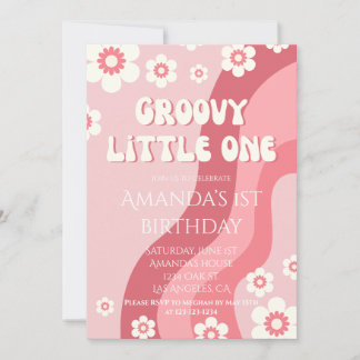 Pink Groovy One 70er Girl Retro 1. Geburtstag Einladung