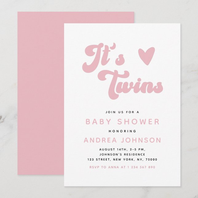 Pink Groovy Retro Girl Twins Minimal Babydusche Einladung (Vorne/Hinten)