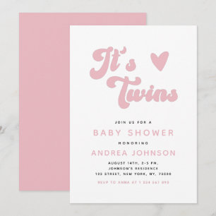 Pink Groovy Retro Girl Twins Minimal Babydusche Einladung