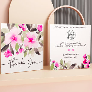 Pink grün chic florale Aquarell Auftrag Vielen Dan Quadratische Visitenkarte